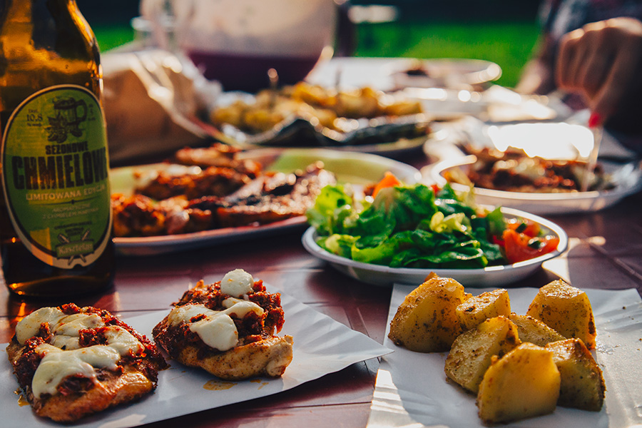 Example of dishes served for outdoor wedding catering event or garden party.