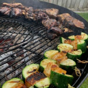 BBQ grilled Courgette and Hallomi Skewers